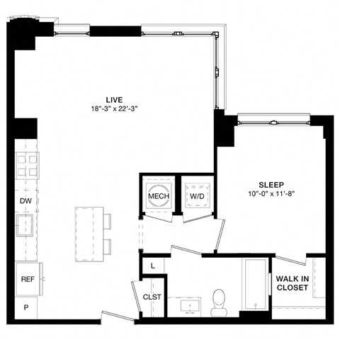 Floor plan for 1 bed, 1 bath, 729 sqft