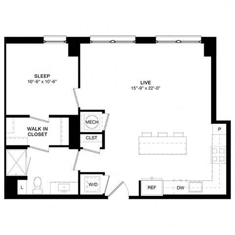 Floor plan for 1 bed, 1 bath, 749 sqft