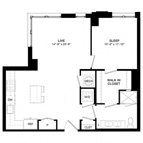 Floor plan for 1 bed, 1 bath, 783 sqft