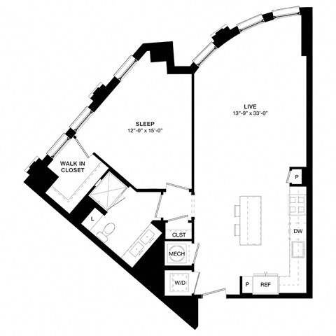 Floor plan for 1 bed, 1 bath, 889 sqft