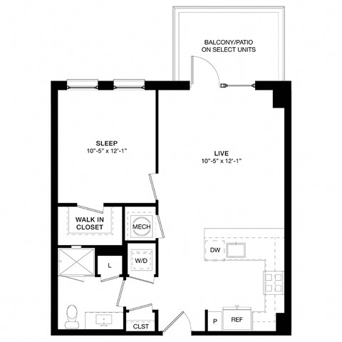 Floor plan for 1 bed, 1 bath, 688 sqft