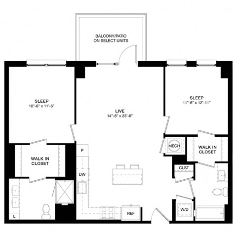 Floor plan for 2 beds, 2 baths, 1022 sqft