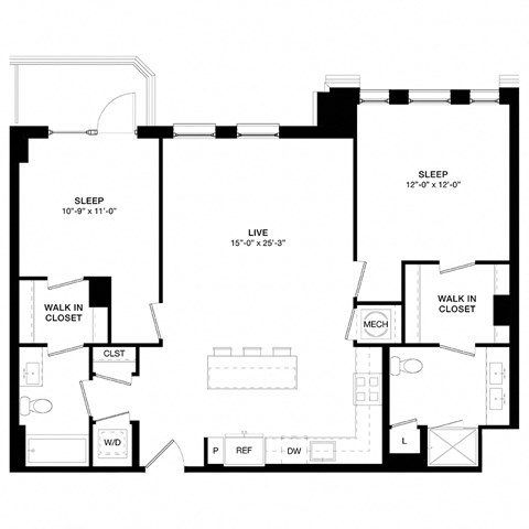 Floor plan for 2 beds, 2 baths, 1109 sqft