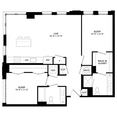 Floor plan for 2 beds, 2 baths, 1138 sqft