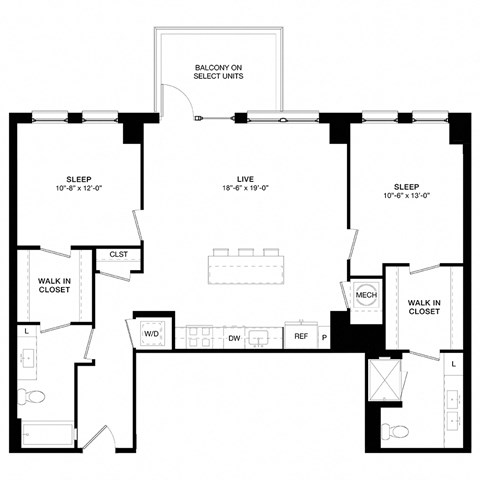 Floor plan for 2 beds, 2 baths, 1130 sqft