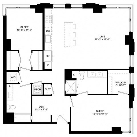 Floor plan for 2 beds, 2 baths, 1302 sqft