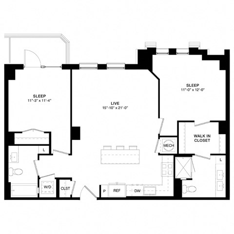 Floor plan for 2 beds, 2 baths, 1042 sqft