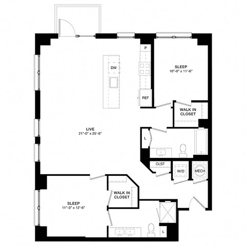 Floor plan for 2 beds, 2 baths, 1306 sqft