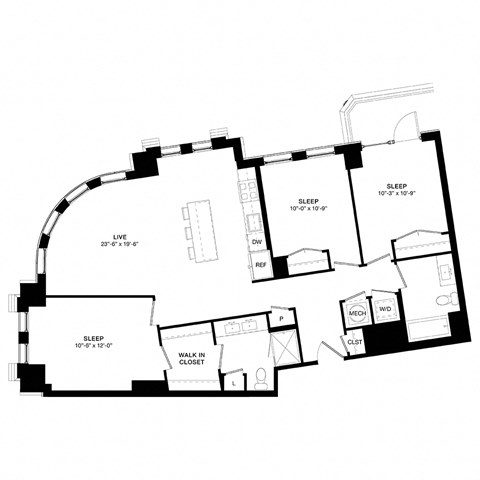 Floor plan for 3 beds, 2 baths, 1267 sqft