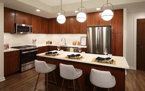 Rockville apartment for rent - A modern kitchen with a white countertop and brown cabinets.