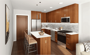 Bethesda apartment for rent - A kitchen with wooden cabinets and a white island.
