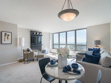 Chicago apartment for rent - a living room with a table and a couch and a tv