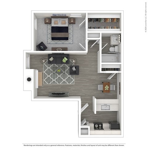 Floor plan for 1 bed, 1 bath, 661 sqft