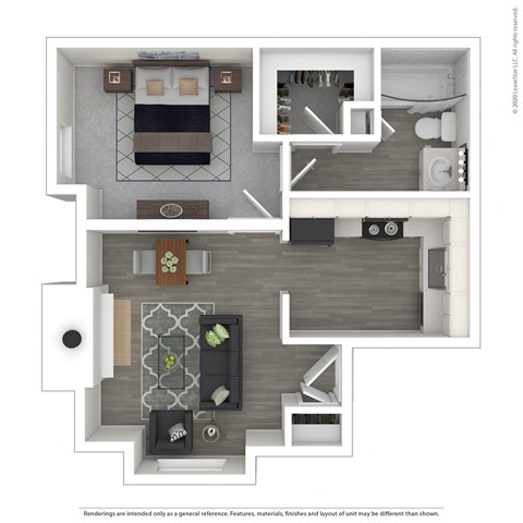 Floor plan for 1 bed, 1 bath, 492 sqft