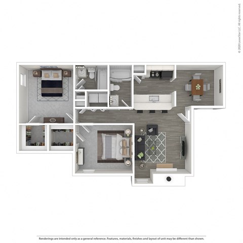 Floor plan for 2 beds, 2 baths, 970 sqft