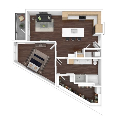 Floor plan for 1 bed, 1 bath, 897 sqft