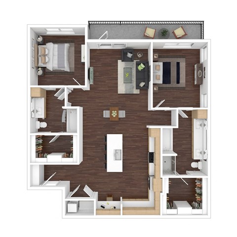 Floor plan for 2 beds, 2 baths, 1308 sqft