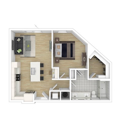Floor plan for 1 bed, 1 bath, 798 sqft