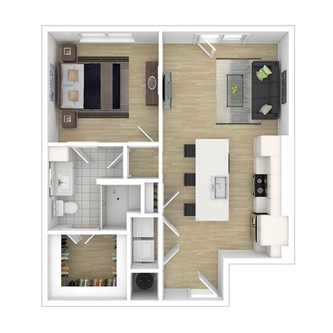 Floor plan for 1 bed, 1 bath, 843 sqft