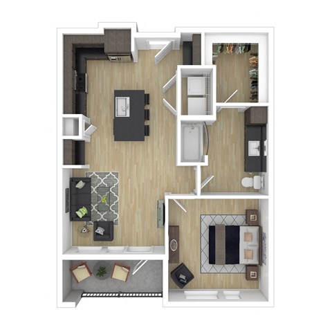 Floor plan for 1 bed, 1 bath, 738 sqft