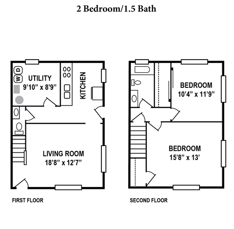 Floor plan for 2 beds, 1.5 baths, 1100 sqft