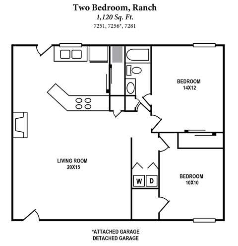 Floor plan for 2 beds, 1 bath, 1120 sqft