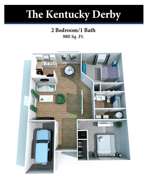 Floor plan for 2 beds, 1 bath, 980 sqft