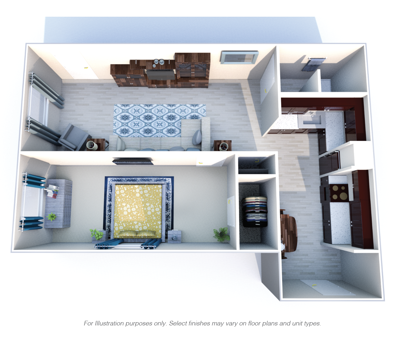 Floor plan for 1 bed, 1 bath, 675 sqft