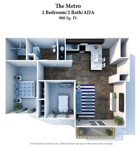 Floor plan for 2 beds, 2 baths, 900 sqft