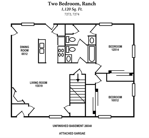 Floor plan for 2 beds, 1.5 baths, 1120 sqft