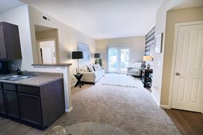 Columbus apartment for rent - A living room with a couch, a chair, a rug, and a kitchen area with a sink and cabinets.