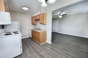 Frankfort townhouse for rent - A kitchen with a white stove top oven and a white refrigerator.