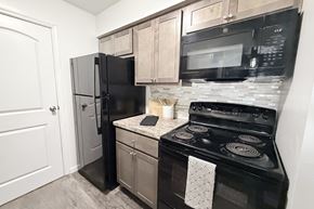 Loveland apartment for rent - A black stove and refrigerator in a kitchen.
