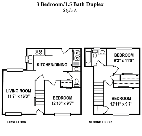 Floor plan for 3 beds, 1.5 baths, 1200 sqft
