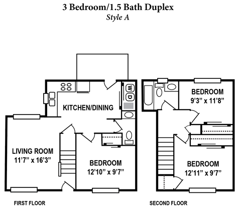 Floor plan for 3 beds, 1.5 baths, 1200 sqft