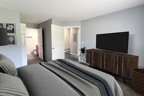 Galloway apartment for rent - A living room with a grey sofa and a wooden tv stand.