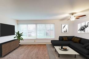 Forest Park apartment for rent - A living room with a grey couch, a black television, and a potted plant.