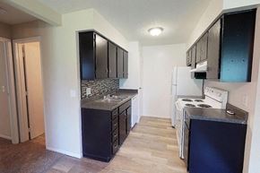 Cincinnati apartment for rent - a kitchen with black cabinets and white appliances at Hunter Ridge Apartments, Ohio