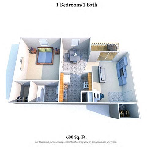Floor plan for 1 bed, 1 bath, 600 sqft
