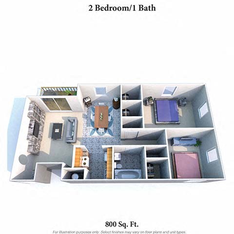 Floor plan for 2 beds, 1 bath, 800 sqft