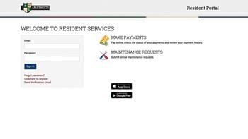A screenshot of a website with a welcome to resident services button