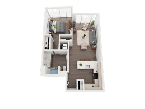 Floor plan for 1 bed, 1 bath, 709 sqft