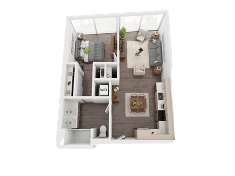 Floor plan for 1 bed, 1 bath, 664 sqft