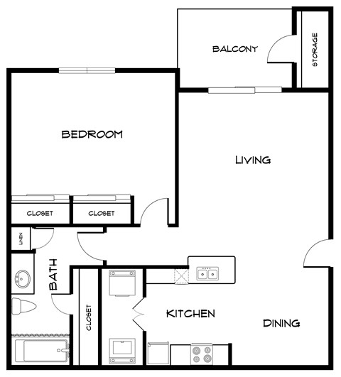 Floor plan for 1 bed, 1 bath, 733 sqft