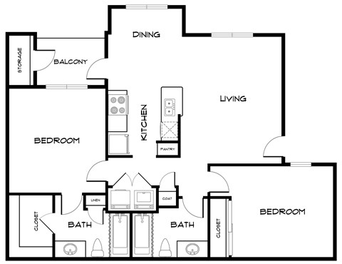 Floor plan for 2 beds, 2 baths, 892 sqft