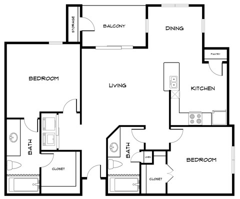 Floor plan for 2 beds, 2 baths, 990 sqft