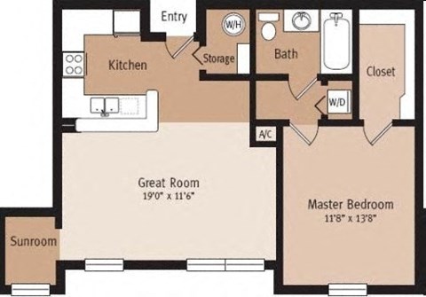 Floor plan for 1 bed, 1 bath, 821 sqft