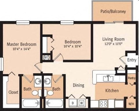 Floor plan for 2 beds, 2 baths, 937 sqft