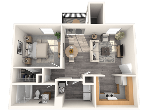 Floor plan for 1 bed, 1 bath, 677 sqft