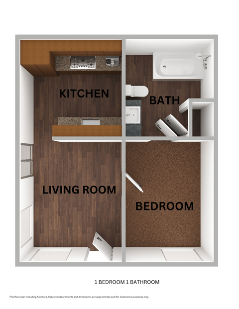 Floor plan for 1 bed, 1 bath, 646 sqft
